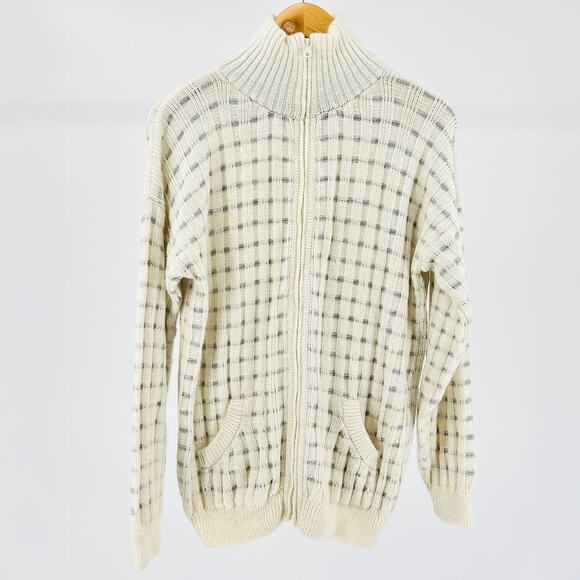 90s Alpaca Wool from Peru Ivory Gray Grid Knit Full Zip Sweater Cardigan - Picture 1 of 7